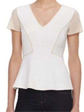 Rebecca Taylor White Peplum Top with Sheer Cream Cap Sleeves